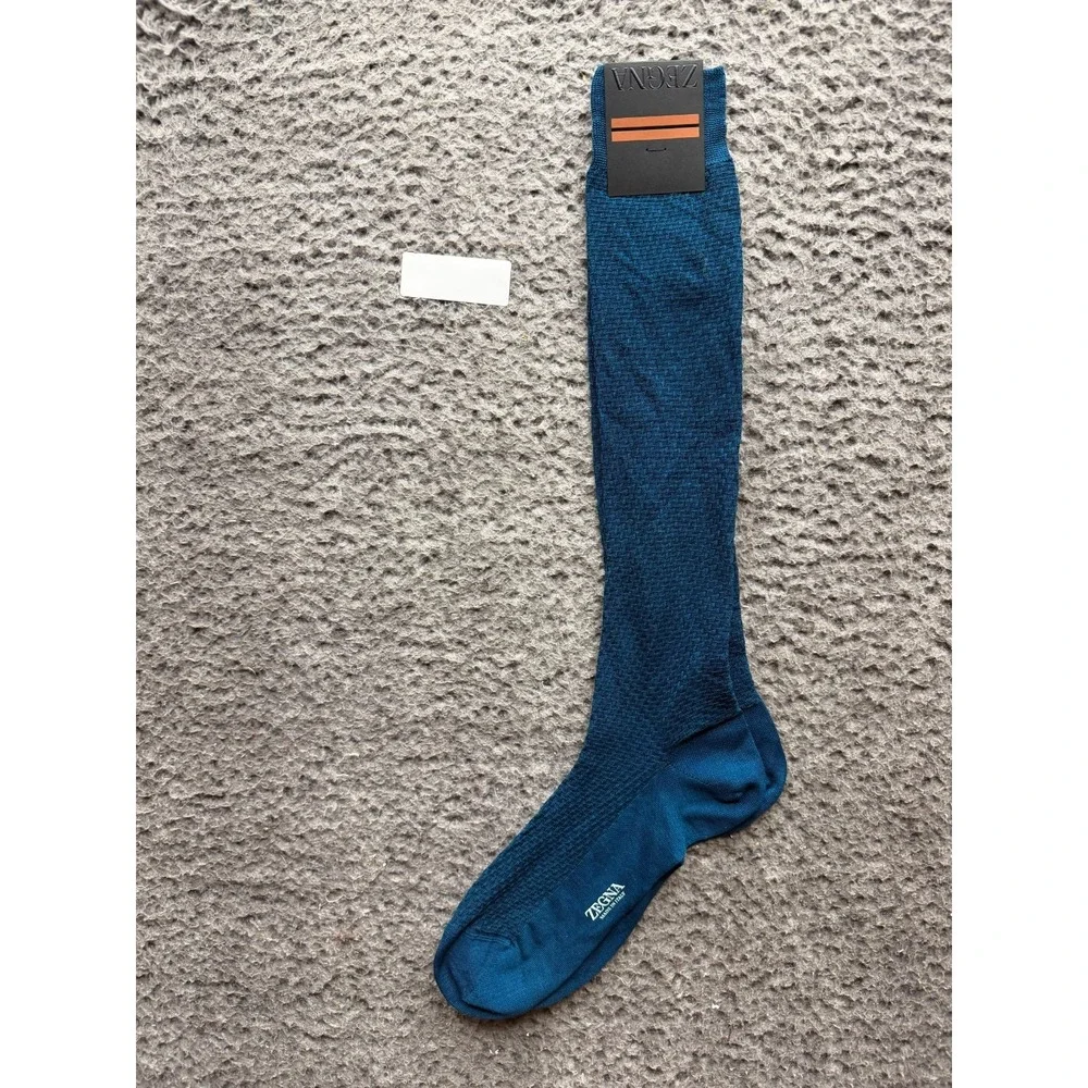 NWT Zegna Texture Mercerised Stretch Cotton Knee Socks Blue One Size Unisex
